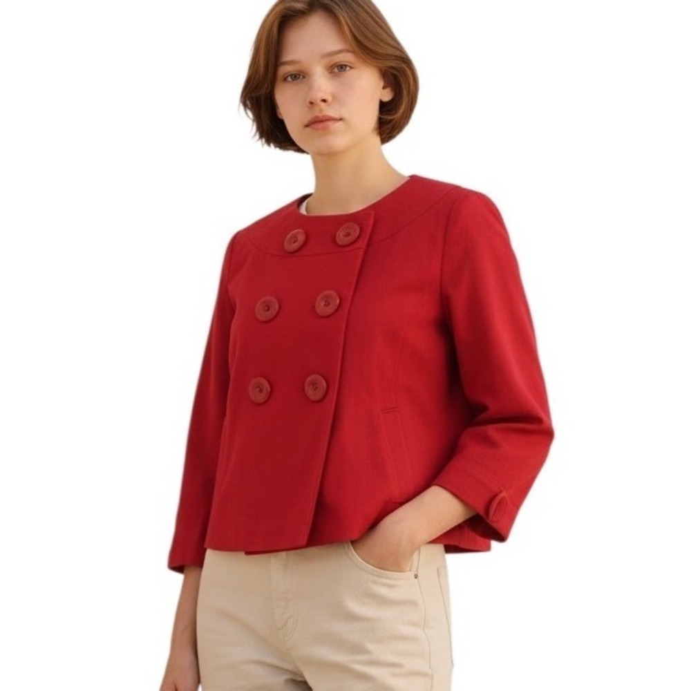 Banana Republic Lady Jacket XS Red Cropped Double Breasted Boxy 3/4 Sleeve